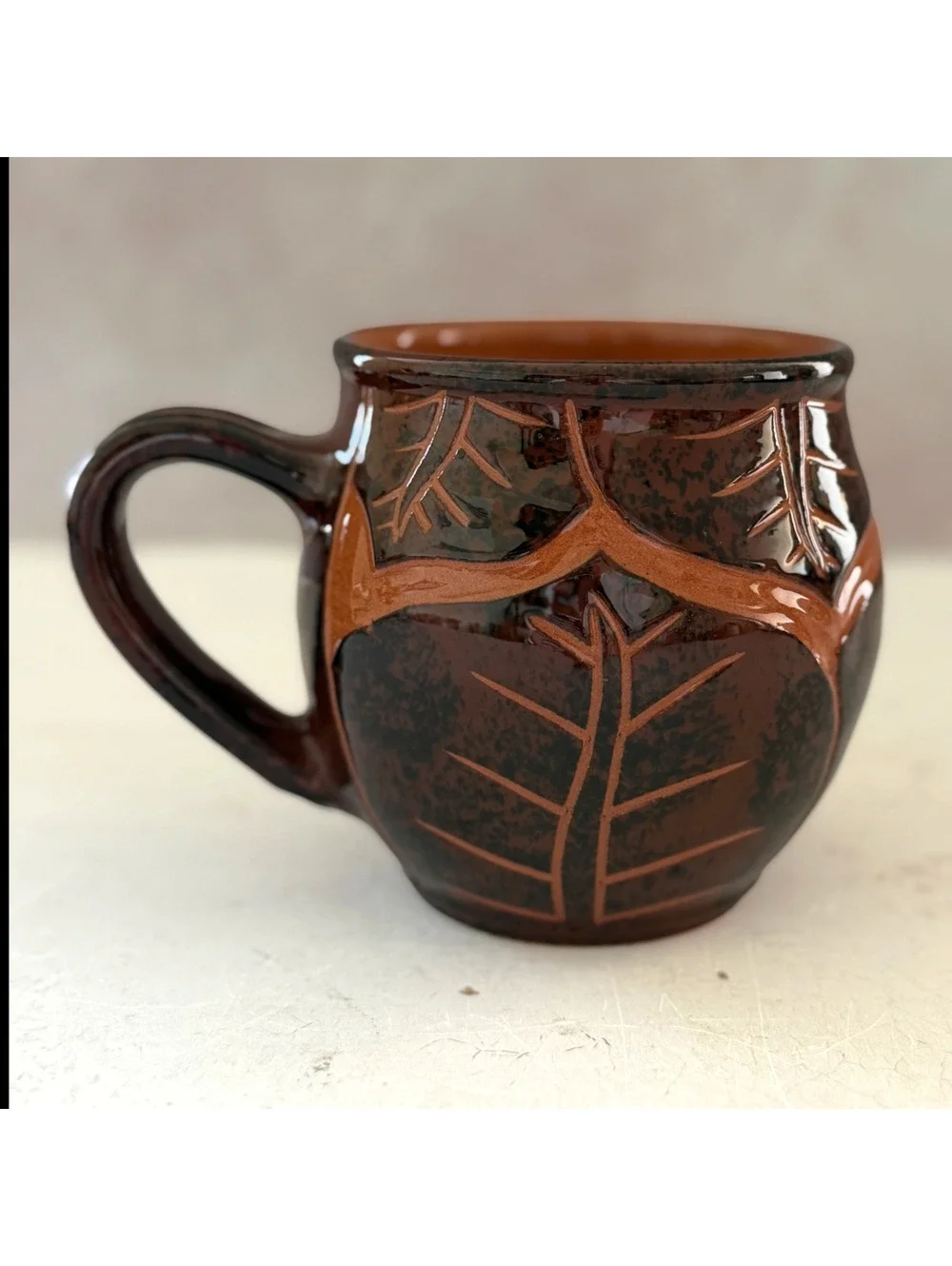 Wassi Art Jamaican Pottery Mug Pair | Hand Carved Leaf Redware Coffee Cups
